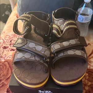 Coach Brown Signature Logo Strap Sandals with Yellow Accent